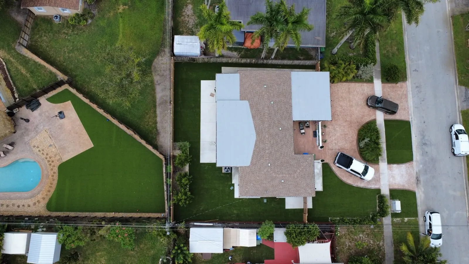 Front and backyard artificial turf, overhead view by Concrete Solutions Today, Broward County, FL