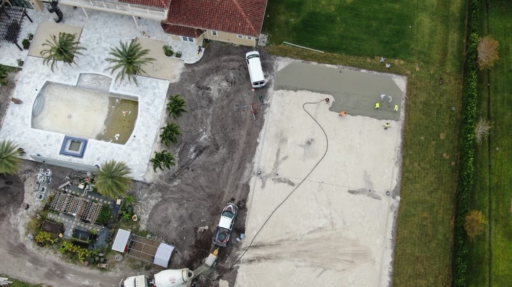 Aerial view of a large concrete slab pour on an estate property by Concrete Solutions Today, Boca Raton, FL