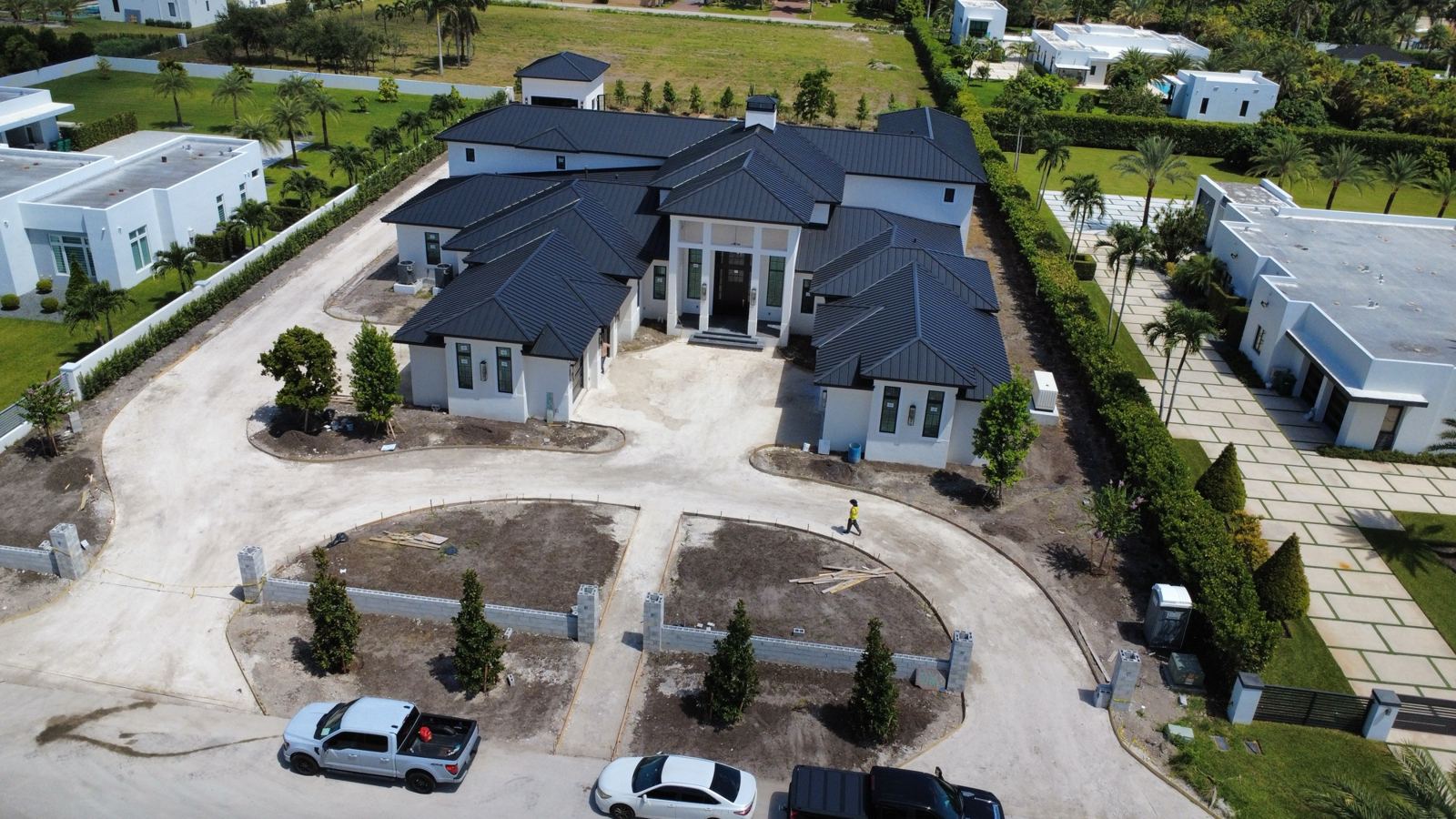 Aerial view of a new home with a circular drive, Broward County, Florida